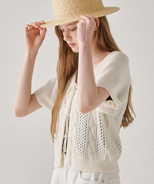 RONRON RIBBON BUTTON SHORT SLEEVE KNIT CARDIGAN