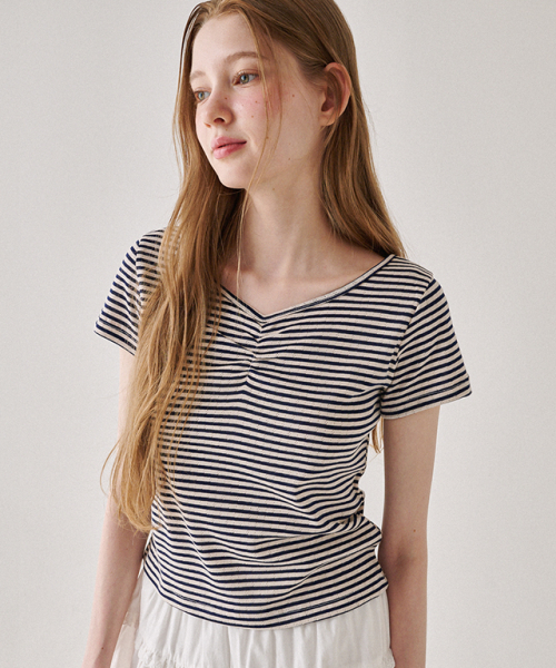 RONRON EYELET SHIRRING STRIPE T SHIRT