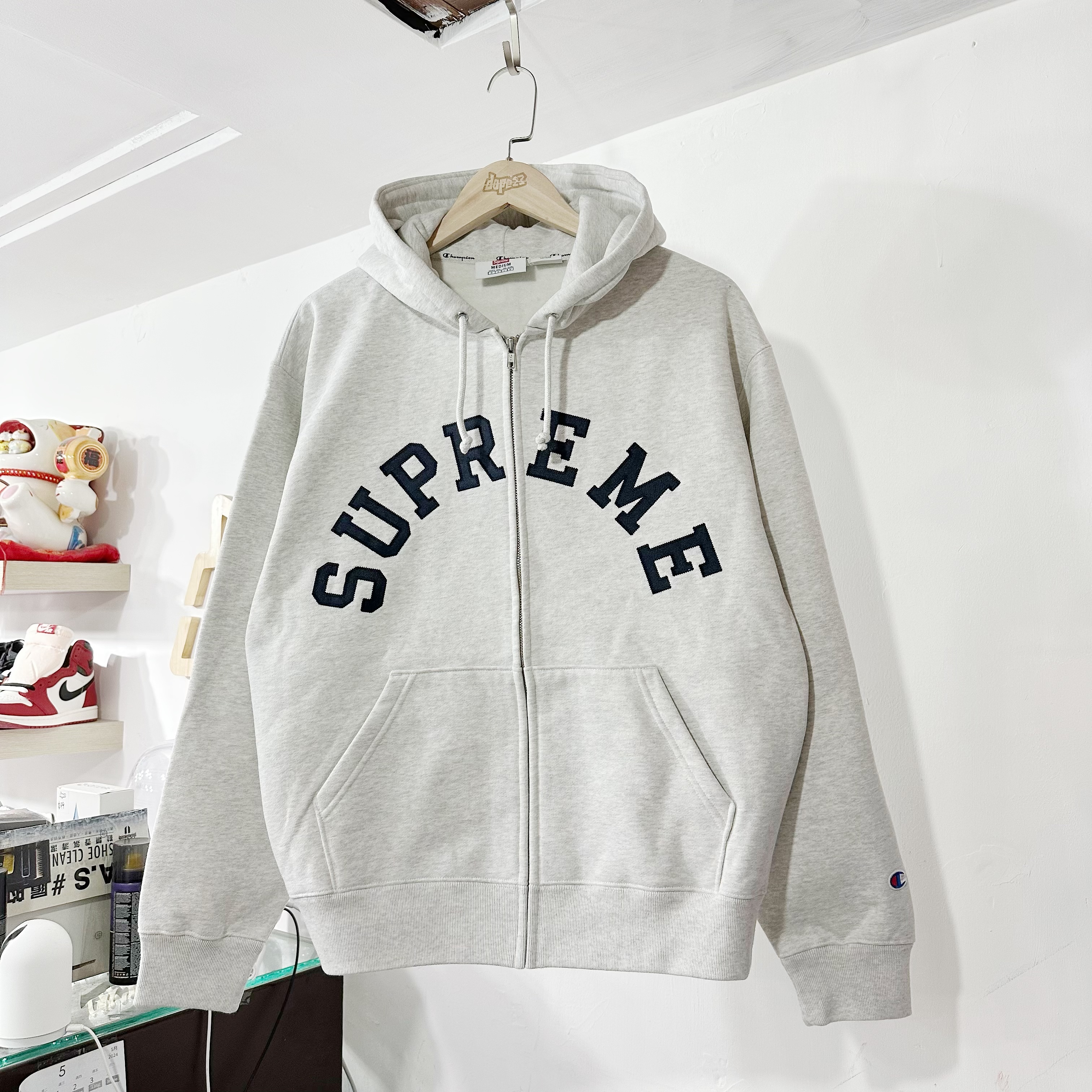Supreme SS24 Champion Zip Up Hooded Sweatshirt Ash Grey
