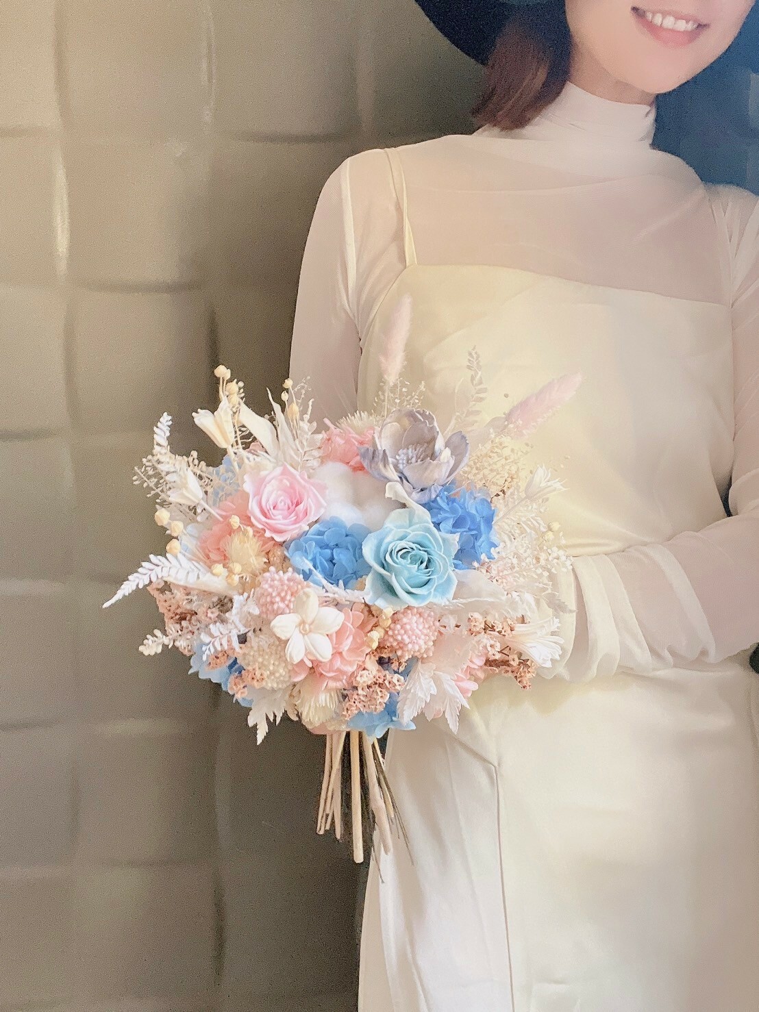 藍粉色永生花 新娘捧花