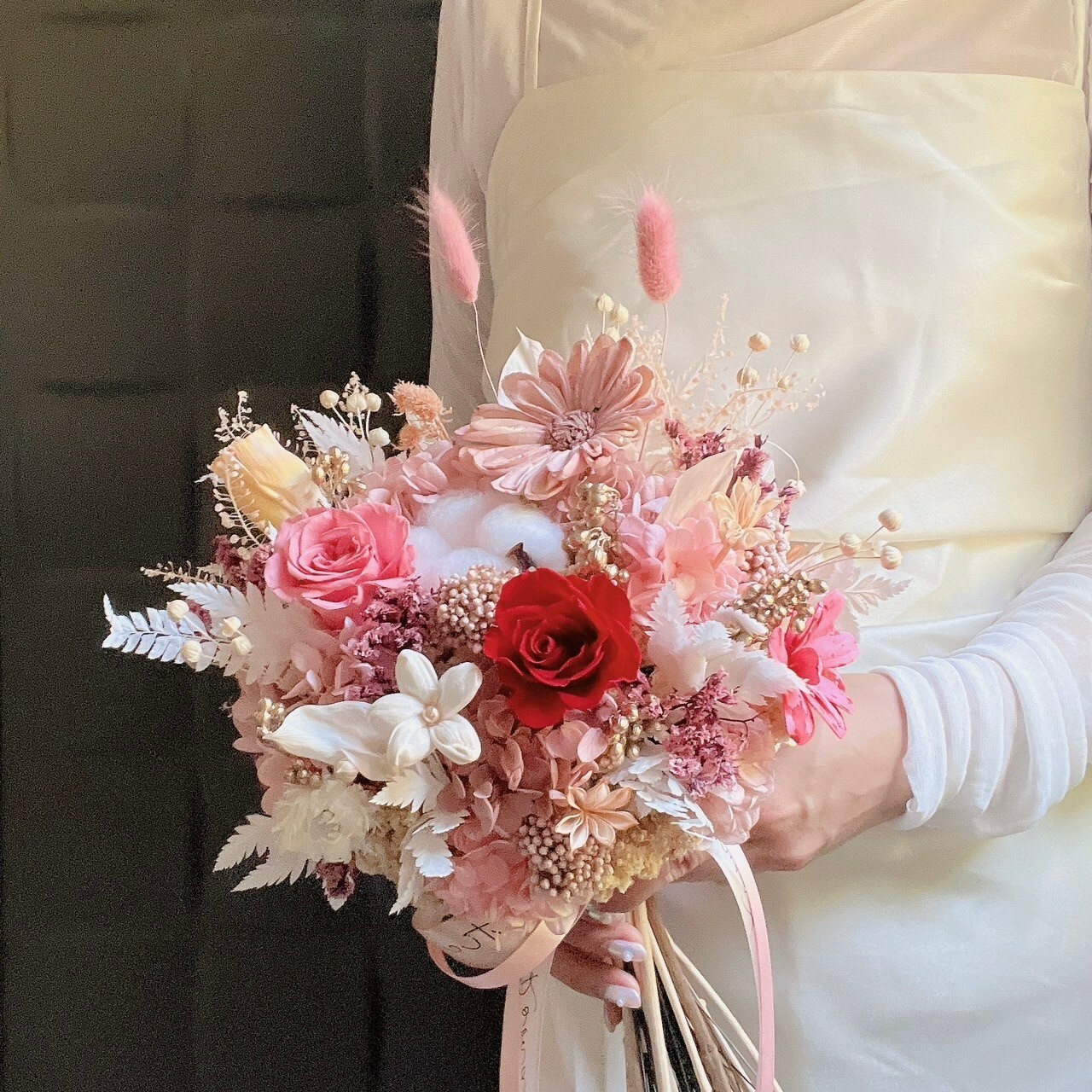 紅粉色永生花 新娘捧花