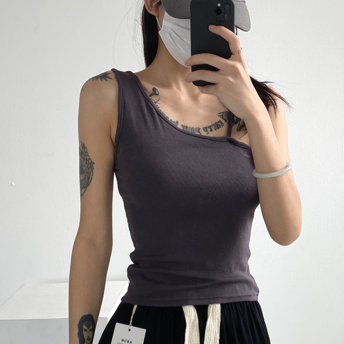 Hot selling shoulder thread asymmetric camisole (iron gray) (S/M size) (contact customer service after placing the order to confirm the delivery size)