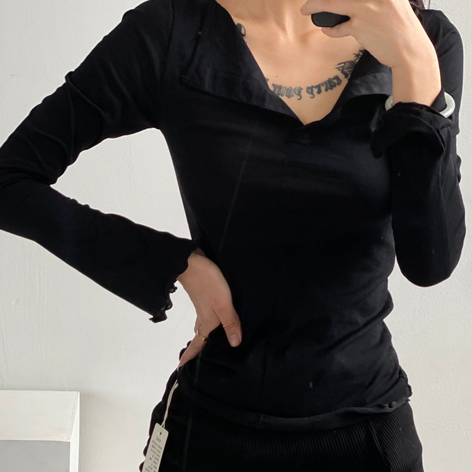 Hot selling long-sleeved slightly see-through knitted T-shirt (black) (S/M size) (contact customer service after placing the order to confirm the delivery size)