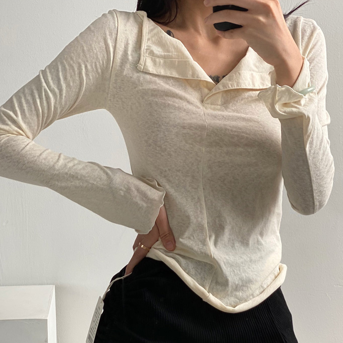 Hot selling long-sleeved slightly see-through knitted T-shirt (beige) (S/M size) (contact customer service after placing the order to confirm the delivery size)
