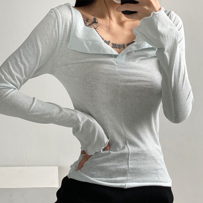 Hot selling long-sleeved slightly see-through knitted T-shirt (blue) (S/M size) (contact customer service after placing the order to confirm the delivery size)