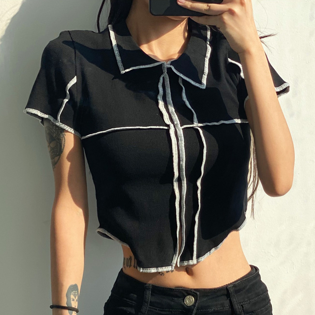 Hot selling contrasting color short lapel short-sleeved T-shirt (black) (S/M size) (contact customer service after placing the order to confirm the delivery size)