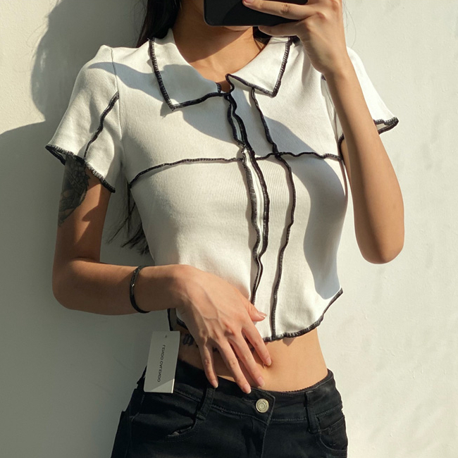 Hot selling contrasting color short lapel short-sleeved T-shirt (white) (S/M size) (contact customer service after placing the order to confirm the delivery size)