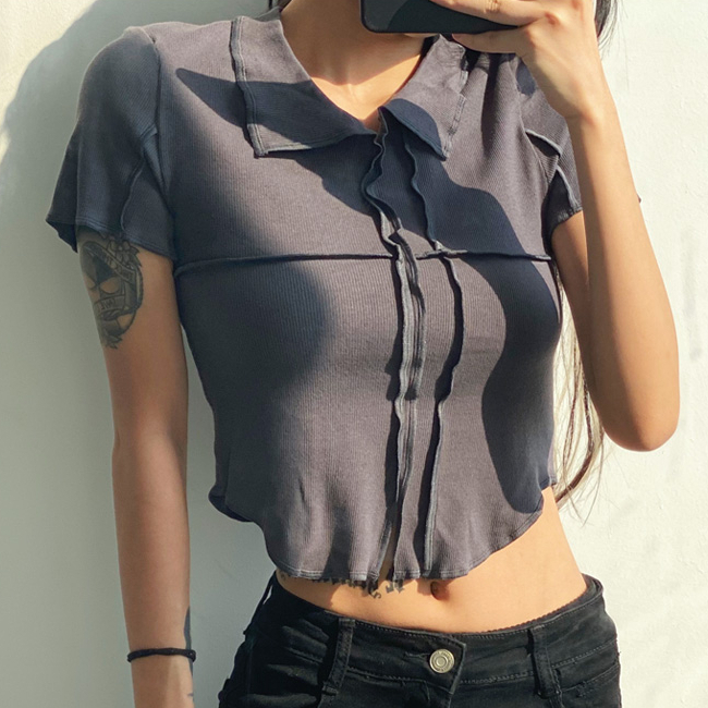 Hot selling contrasting color short lapel short-sleeved T-shirt (grey) (S/M size) (contact customer service after placing the order to confirm the delivery size)
