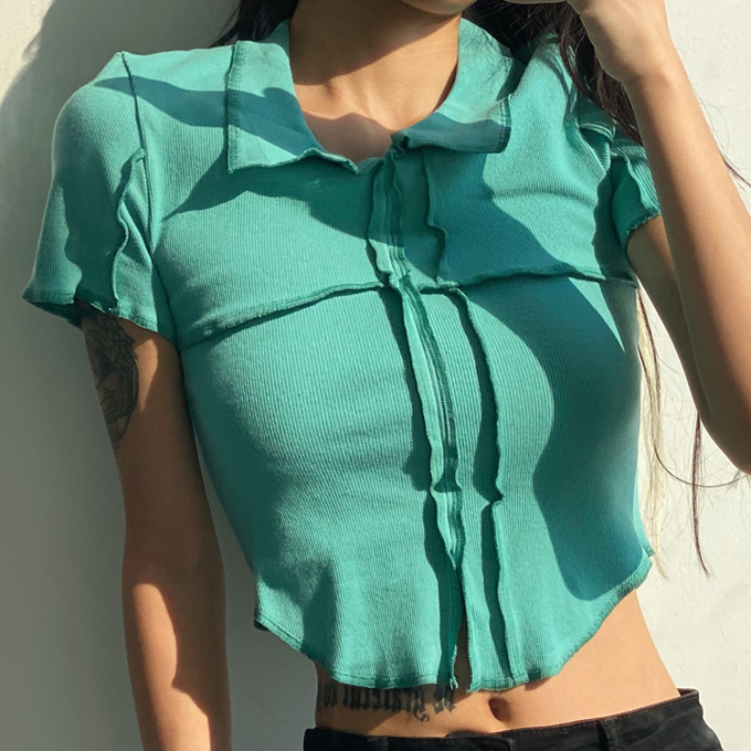 Hot selling contrasting color short lapel short-sleeved T-shirt (blue) (S/M size) (contact customer service after placing the order to confirm the delivery size)