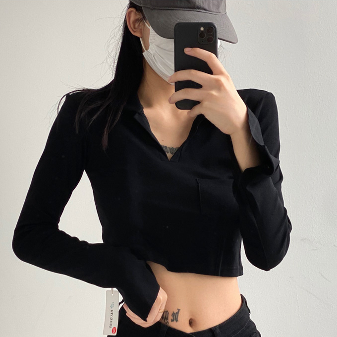 Hot selling short Polo collar long-sleeved T-shirt (black) (S/M size) (contact customer service after placing the order to confirm the delivery size)