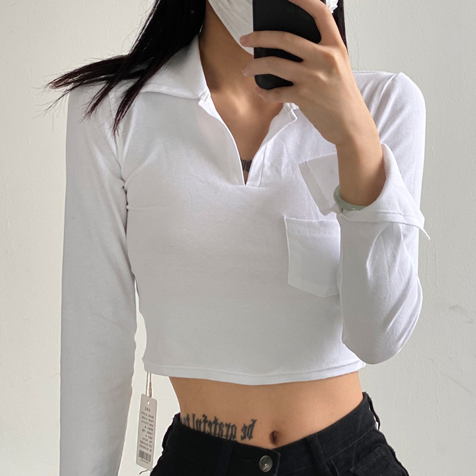 Hot selling short Polo collar long-sleeved T-shirt (white) (S/M size) (contact customer service after placing the order to confirm the delivery size)