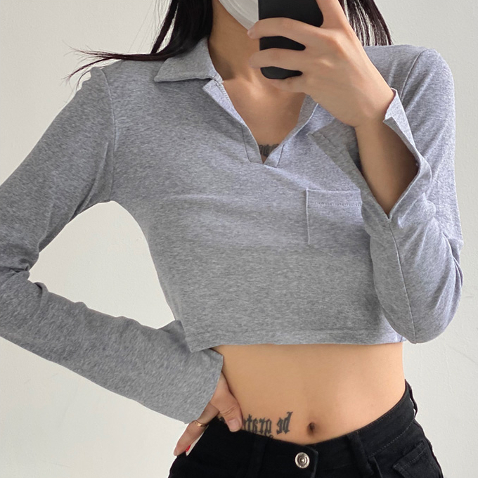 Hot selling short Polo collar long-sleeved T-shirt (grey) (S/M size) (contact customer service after placing the order to confirm the delivery size)