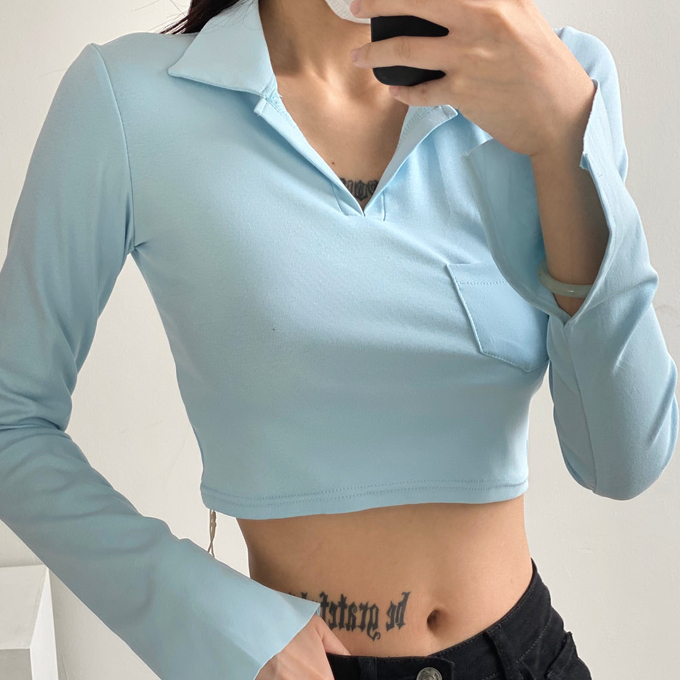 Hot selling short Polo collar long-sleeved T-shirt (blue) (S/M size) (contact customer service after placing the order to confirm the delivery size)