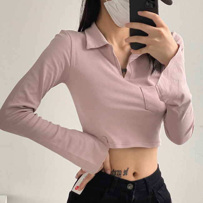 Hot selling short Polo collar long-sleeved T-shirt (light pink) (S/M size) (contact customer service after placing the order to confirm the delivery size)