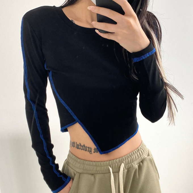 Hot selling irregular long-sleeved high-waisted short T-shirt (black) (S/M size) (contact customer service after placing the order to confirm the delivery size)