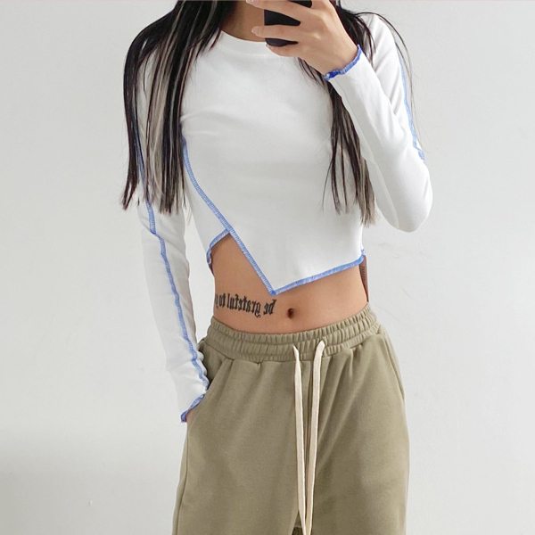 Hot selling irregular long-sleeved high-waisted short T-shirt (white) (S/M size) (contact customer service after placing the order to confirm the delivery size)