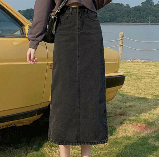 Hot selling back slit denim skirt [gray black] [XS-2XL size] (please contact customer service to confirm the delivery size after placing the order)