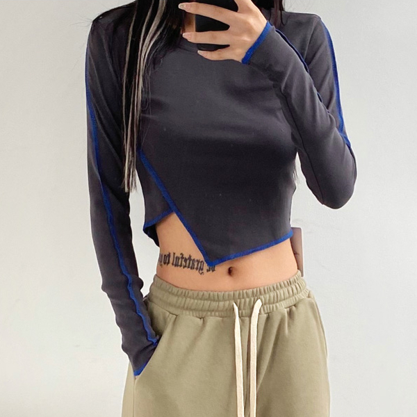 Hot selling irregular long-sleeved high-waisted short T-shirt (charcoal gray) (S/M size) (contact customer service after placing the order to confirm the delivery size)