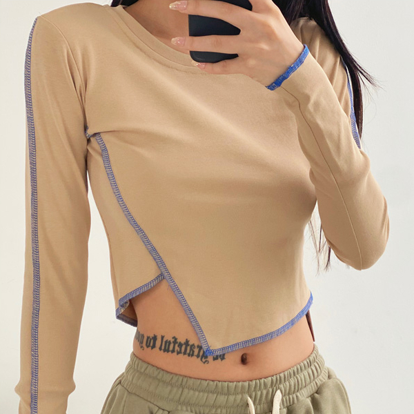 Hot selling irregular long-sleeved high-waisted short T-shirt (khaki) (S/M size) (contact customer service after placing the order to confirm the delivery size)