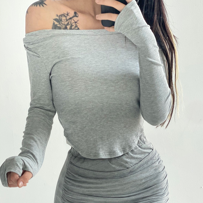 Hot selling one-shoulder long-sleeved thumb T-shirt (light gray) (S/M size) (contact customer service after placing the order to confirm the delivery size)