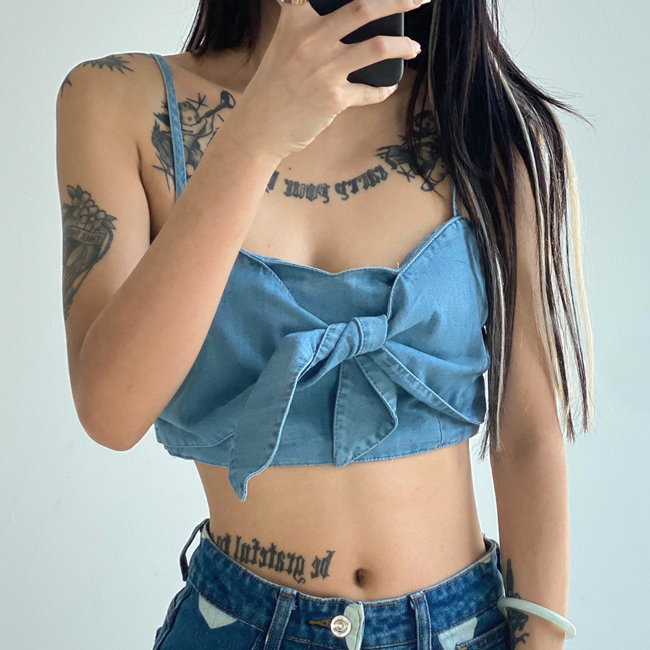 Hot selling bow-knot navel-baring short camisole (blue) (S-L size) (contact customer service after placing the order to confirm the delivery size)