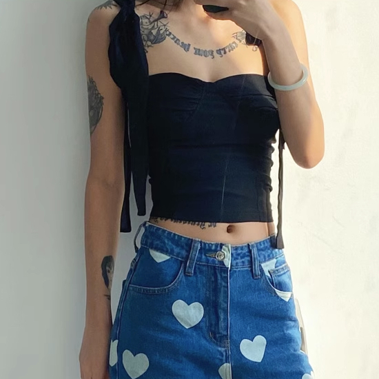 Hot selling off-the-shoulder strappy chiffon tube top (black) (S/M size) (contact customer service after placing the order to confirm delivery size)