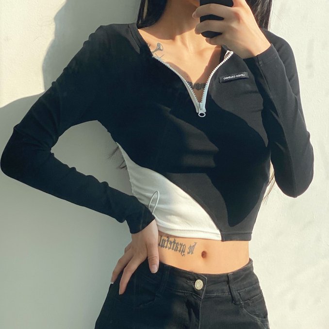 Hot selling color block drawstring zipper irregular long sleeve T-shirt (black and white) (S/M size) (contact customer service after placing the order to confirm the delivery size)