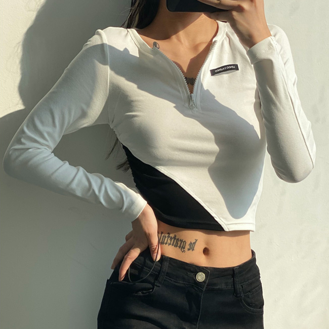 Hot selling color block drawstring zipper irregular long sleeve T-shirt (white and black) (S/M size) (contact customer service after placing the order to confirm the delivery size)