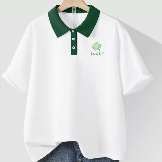 Hot selling pure cotton contrasting color polo shirt T-shirt [white (four-leaf clover chest logo)] [S-2XL size] (please contact customer service to confirm the delivery size after placing the order)