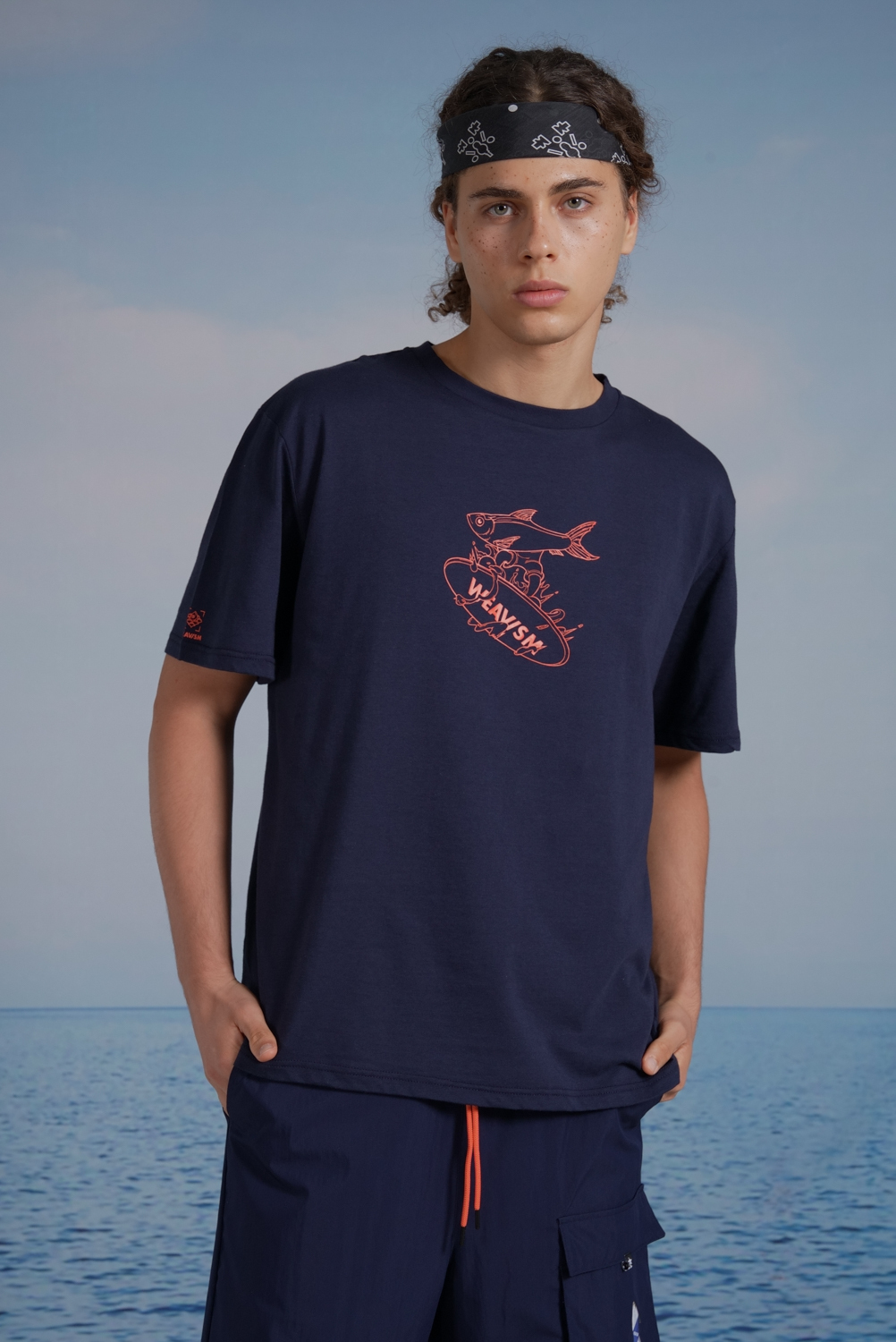 虱目魚衝浪膠原蛋白印花Tee-深海藍