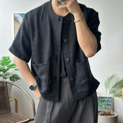 提花粗花呢短袖開衫