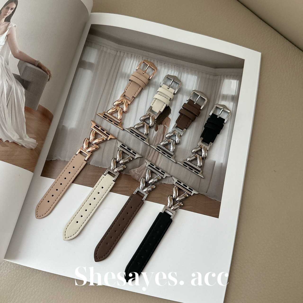 APPLE  WATCH魚骨皮革鏈條錶帶[四色]