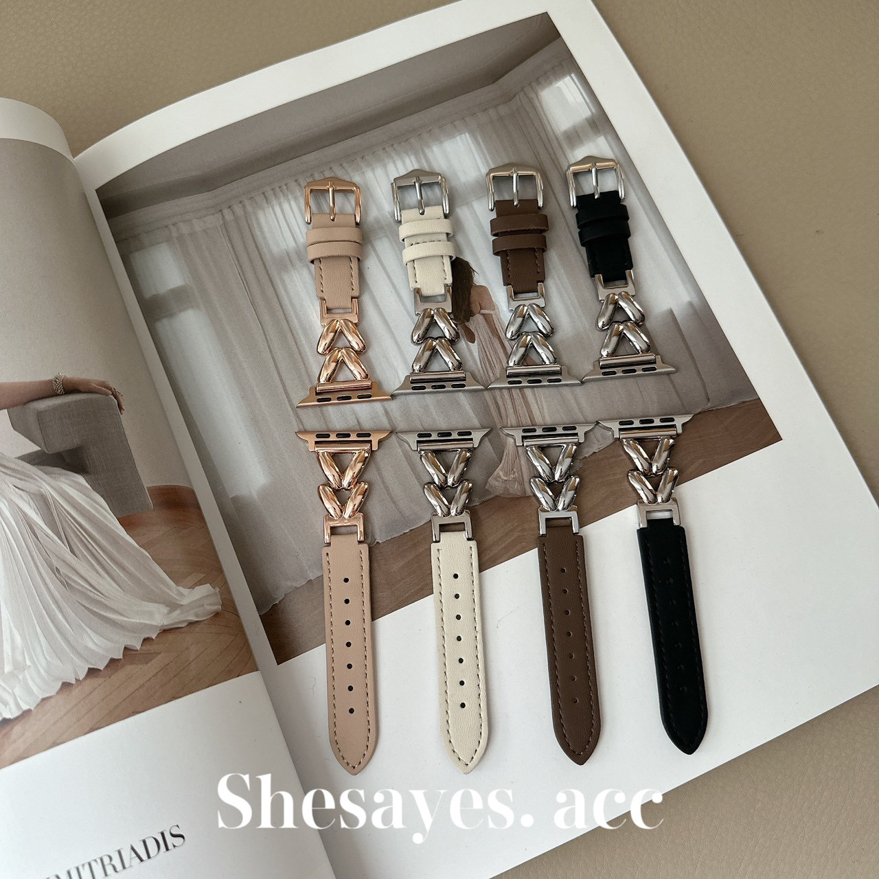 APPLE  WATCH魚骨皮革鏈條錶帶[四色]