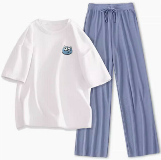 Hot selling short-sleeved ice silk suit [white (ugly) + blue pants] [S-XL size] (please contact customer service to confirm the delivery size after placing the order)