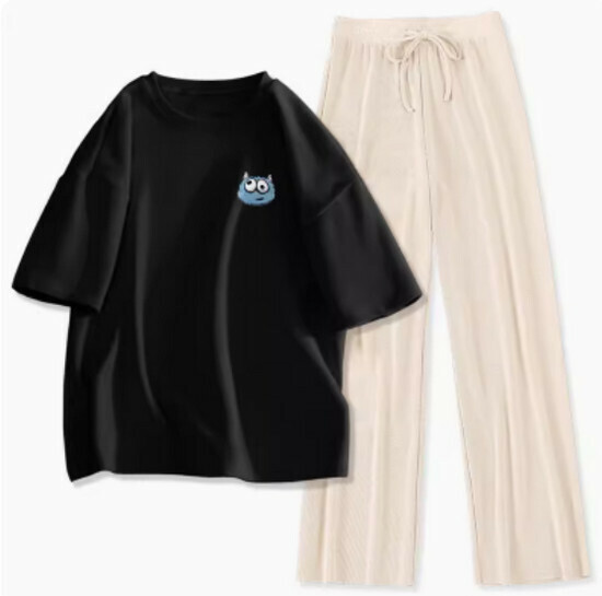 Hot selling short-sleeved ice silk suit [black (ugly) + apricot pants] [S-XL size] (please contact customer service to confirm the delivery size after placing the order)