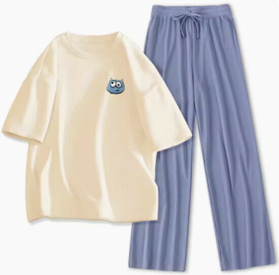 Hot selling short-sleeved ice silk suit [milk white (ugly) + blue pants] [S-XL size] (please contact customer service to confirm the delivery size after placing the order)