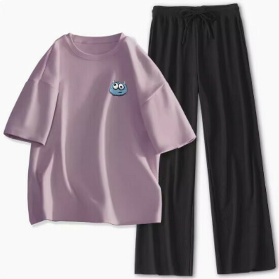 Hot selling short-sleeved ice silk suit [Taro purple (ugly monster) + black pants] [S-XL size] (please contact customer service to confirm the delivery size after placing the order)
