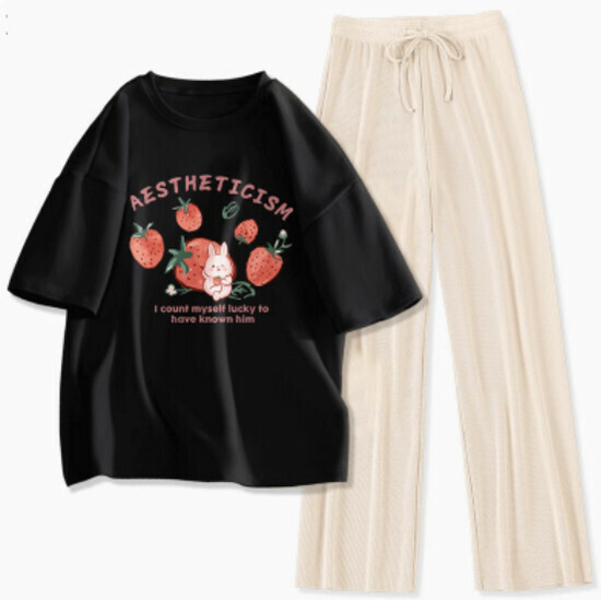 Hot-selling sports and leisure suit [Black (Sweetberry Rabbit) + Apricot Pants] [S-XL] (please contact customer service to confirm the delivery size after placing the order)