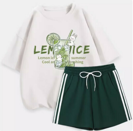 Hot selling short-sleeved + shorts suit [white (ice lemon) + dark green pants] [S-XL size] (please contact customer service to confirm the delivery size after placing the order)