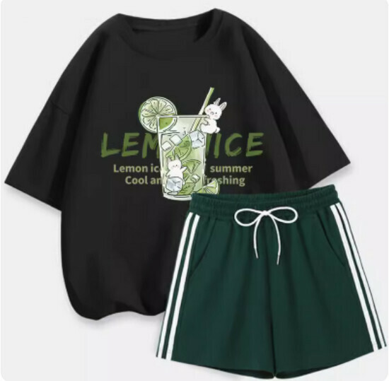 Hot selling short-sleeved + shorts suit [black (ice lemon) + dark green pants] [S-XL size] (please contact customer service to confirm the delivery size after placing the order)