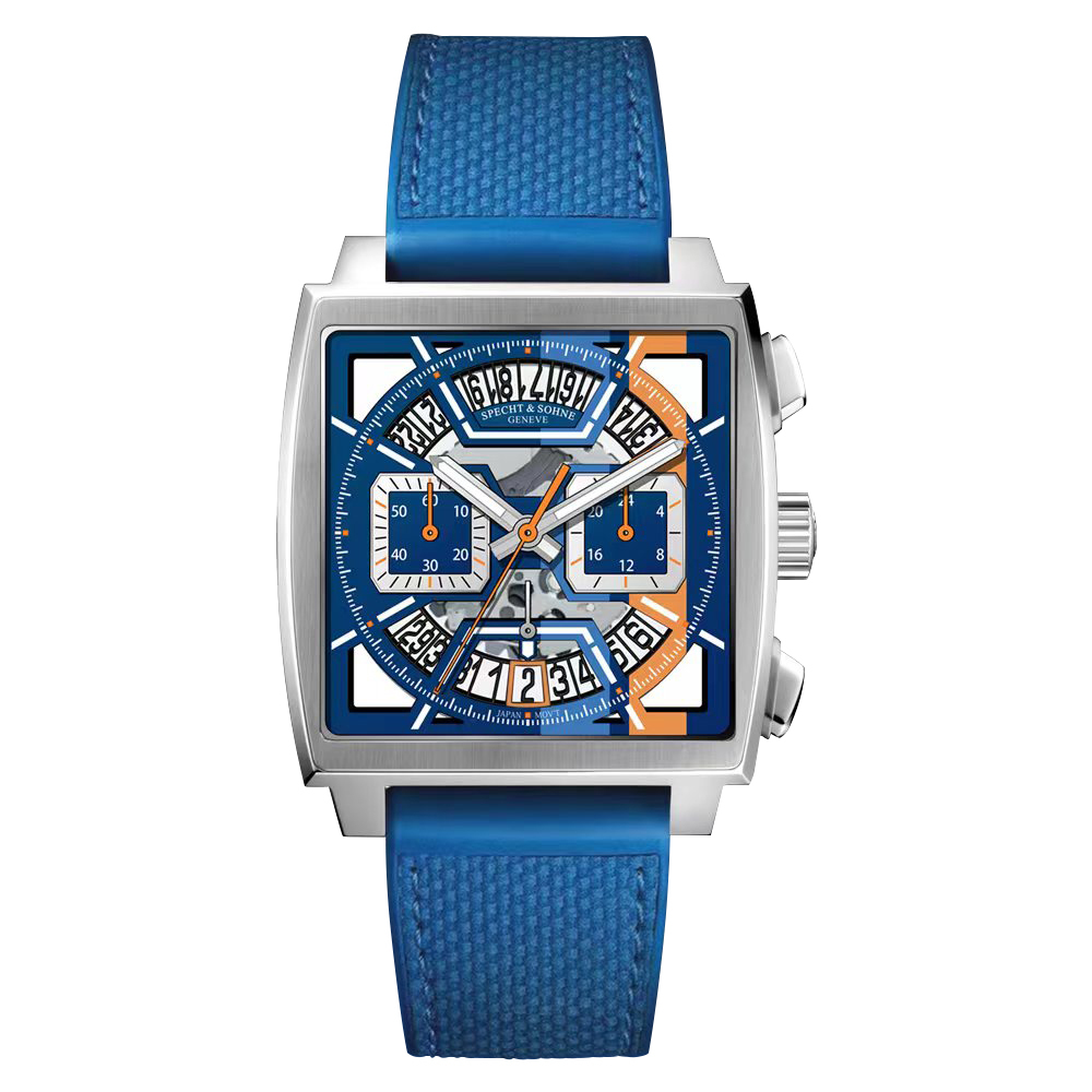【SPECHT&SOHNE 施沛索恩】摩納哥系列 SP0013 人體工學 立體字面 方形 鏤空 稜角 計時 石英錶-.