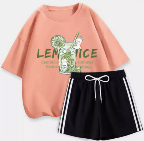 Hot selling short-sleeved + shorts suit [orange pink (ice lemon) + black pants] [S-XL size] (please contact customer service to confirm the delivery size after placing the order)
