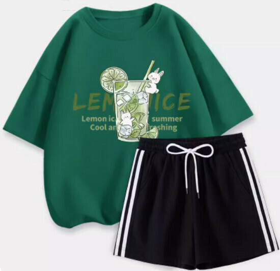 Hot selling short-sleeved + shorts suit [dark green (ice lemon) + black pants] [S-XL size] (please contact customer service to confirm the delivery size after placing the order)