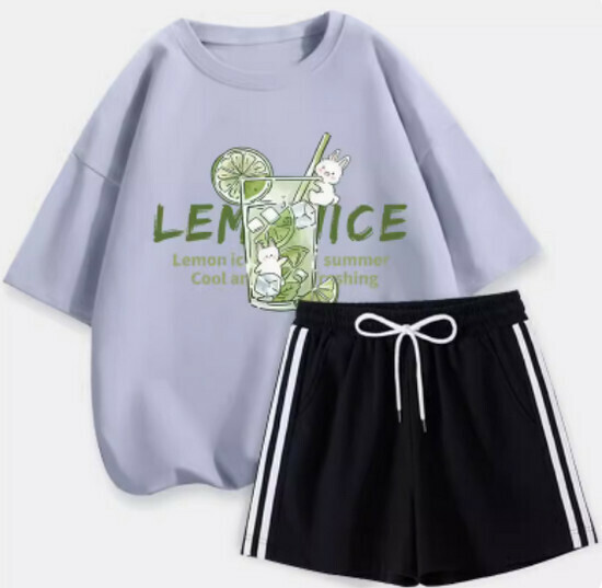 Hot selling short-sleeved + shorts suit [light blue (ice lemon) + black pants] [S-XL size] (please contact customer service to confirm the delivery size after placing the order)