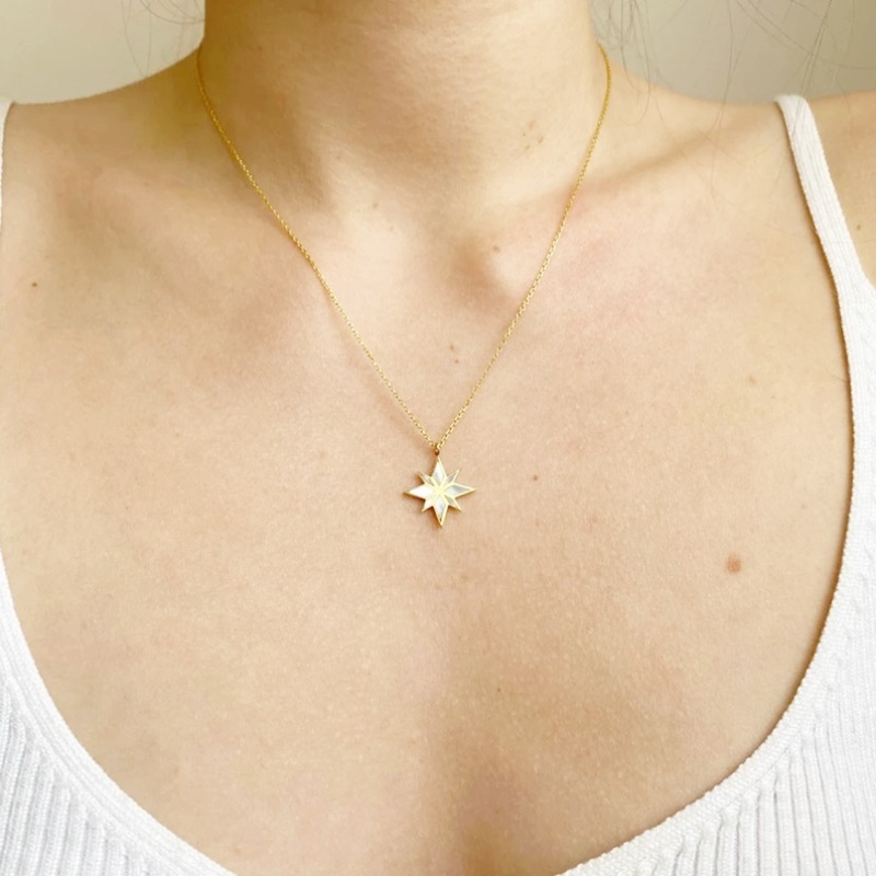 八芒星貝殼鑲嵌項鍊鍊 金色