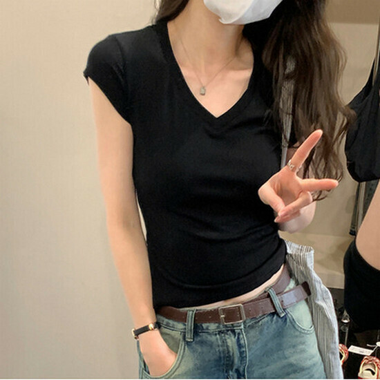 熱賣V領正肩短袖t恤【黑色】【S-XL碼】（下單後請聯絡客服確認發貨尺碼）