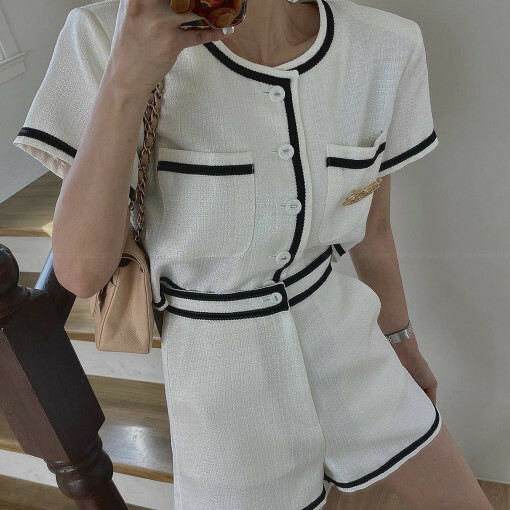 東大門小香風 撞色框線短褲2件組(白/黑/紫)