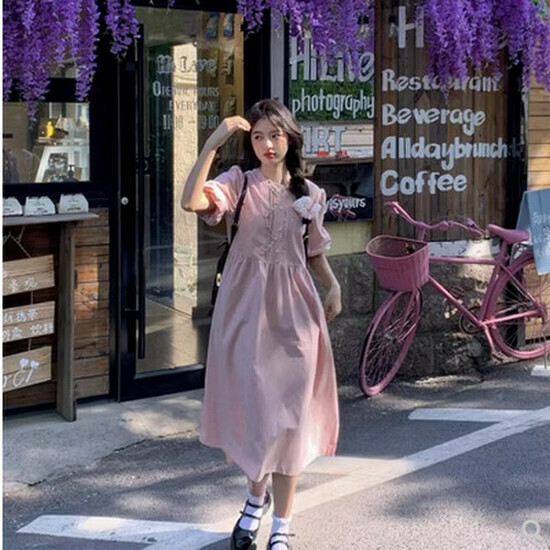 Hot selling round neck puff sleeve dress [pink] [size S-L] (please contact customer service to confirm the delivery size after placing the order)