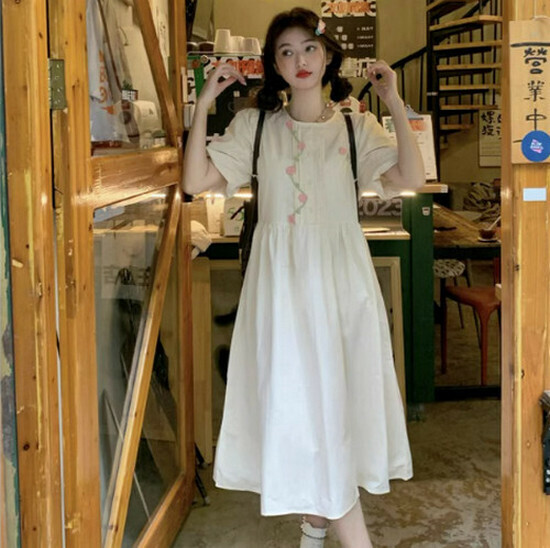 Hot Selling Round Neck Puff Sleeve Dress [Apricot] [Size S-L] (please contact customer service to confirm the delivery size after placing the order)