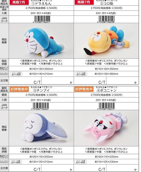 預訂2024/7月 Arm Pillow Mofu Mofu Fujiko-F-Fujio 90th Anniversary（Doraemon/Korosuke/Chimpui/Pokonyan）